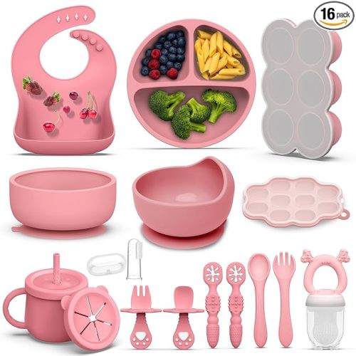 16 Pack Silicone Baby Feeding Set, BPA-Free Baby LED Weaning Supplies, Include Suction Plates, Baby Bowls, Silicone Fork & Spoon, and More, First Stage Baby Food Eating Utensils - 6+ Months(Pink, 16)