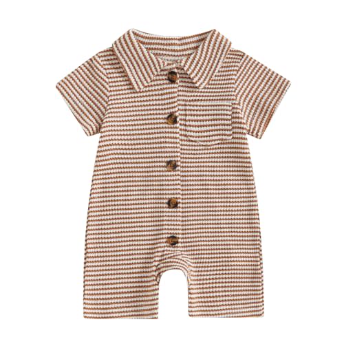 Baby Boy Stripe Romper Waffle Knit Short Sleeve Lapel Button Down Jumpsuit Bodysuit Newborn Summer Outfits