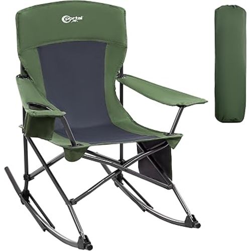 Portal Outdoor Rocking Chair Camping Folding Portable Rocker with Cup Holder Side Pocket Carry Bag, Support 350LBS (Green)
