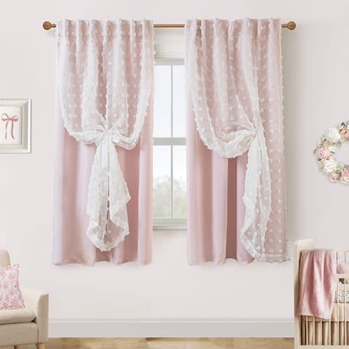 Lino Rosa Pink and White Sheer Black Out Curtains 72 Inch Long for Girls Bedroom,Pom Pom Ruffle Room Darkening Blackout Curtains for Nursery