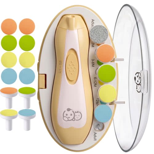 Royal Angels Upgraded 21 in 1 Baby Nail Trimmer with Labeled Case, 12 Extra Replacement Pads, Safe Electric Baby Nail File Kit for Newborn & Toddler, Whisper Quiet Nail Clipper with LED Light (Yellow)