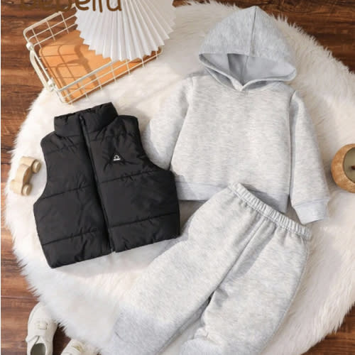 SHEIN 3pcs Baby Boy/Girl Autumn/Winter Soft Fleece Hoodie Sweatshirt, Vest With Patch, And Thick Padded Jacket Pants Set, Warm And Casual For Everyday Wear And Outdoor Activities Like Playing In The Snow | SHEIN USA