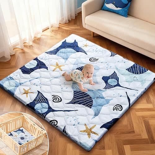 omzer Baby Play Mat, 47x47 Inch Removable & Machine Washable Cover for Easy Clean, 1.2" Thick Elasti-Foam Playpen Mat for Infants Toddlers, Non-Slip Floor Cushion for Safe Crawling - Blue