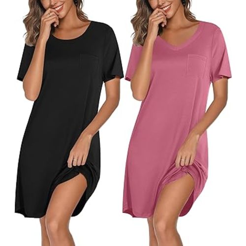 Ekouaer 2 Pack Nightgowns for Women Bamboo Viscose Sleep Shirts Short Sleeve Nightshirt V neck Sleepdress Soft Sleepwear