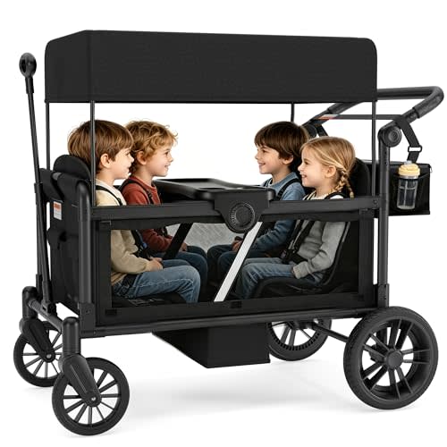 Stroller Wagon for 4 Kids, Foldable 4 Seats Outdoor Stroller Wagon with Side Entry & 5-Point Safety Harness, Foldable Wagon Cart with Adjustable Push & Pull Handle, Removable Canopy (Black)
