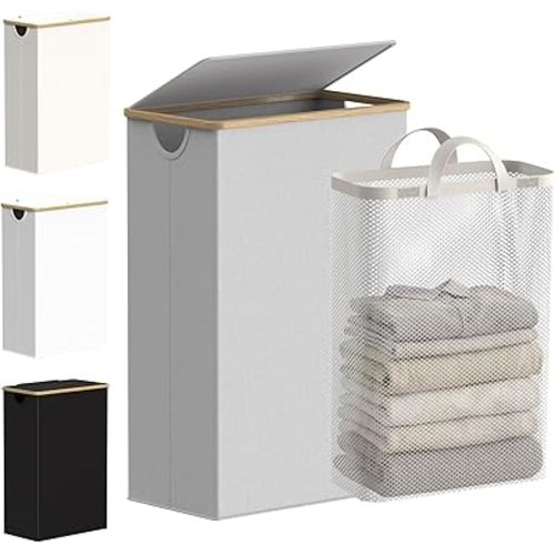 efluky Slim Laundry Basket with Lid, Narrow Laundry Hamper with Removable Bag, Skinny Dirty Clothes Basket with Bamboo Handles for Bathroom, Bedroom & Laundry Room, 75L Light Grey
