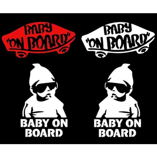 Baby On Board Decal 4 Pack: Baby On Board Skateboard, Baby On Board Sunglasses - Mirrored, Baby Carlos Baby On Board Decals (White + Red, Small ~4"")