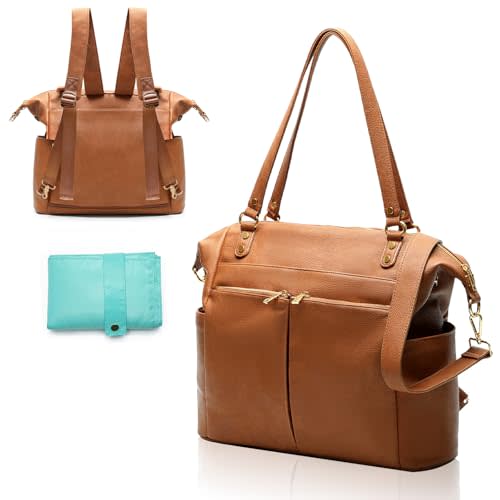 MOMINSIDE Diaper Bag Tote, 4 in 1 Leather Diaper Bag Backpack with 13 Pockets, Convertible Baby Bag for Boys Girls,Diaper Bags Baby Registry, Changing Pad, 4 Large Insulated Pockets(Brown)
