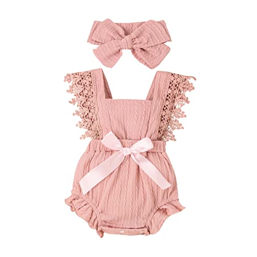 Ursobutegl Newborn Baby Girl Lace Romper Ruffle Sleeveless Backless One Piece Jumpsuit Bodysuit with Headband Summer Clothes
