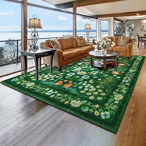 Area Rugs for Living Room, Washable 5x7 Area Rug for Bedroom, Boho Floral Non-Slip Carpet for Home Office Nursery Dining Room Kitchen, Green