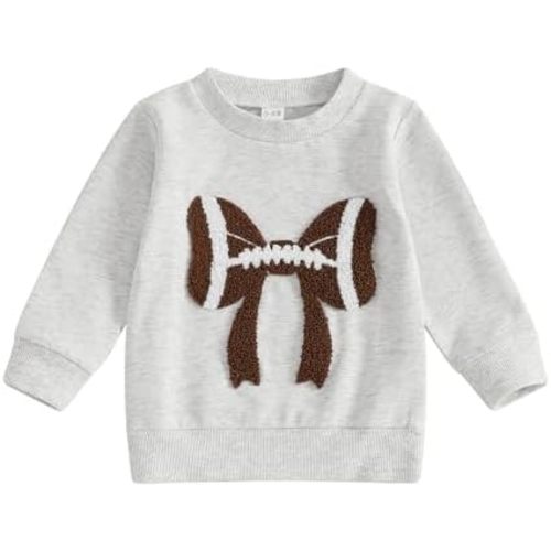 Karuedoo Toddler Baby Girl Football Outfit Football Bow Embroidery Crewneck Pullover Sweatshirt Long Sleeve Shirts Fall Tops