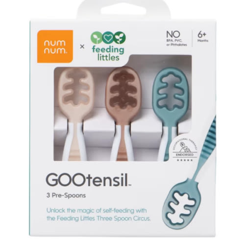 NumNum Baby Spoons Set, Feeding Littles x Silicone Pre-Spoon for Baby Led Weaning, Self-Feeding & Teething, First Stage Toddler Utensils for Ages 6+ Months, 3-Pack, BPA-Free (Neutrals)