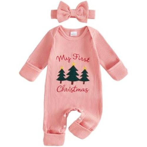 Newborn Baby Girl Christmas Outfit Letter Embroidery Jumpsuit Headband