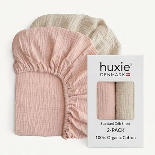 Crib Sheets – Organic Cotton Muslin Fitted Crib Sheet – Standard Size for Baby Boy and Baby Girl 28" x 52" Ultra-Soft and Breathable- 2-Pack (Fog/Blush)