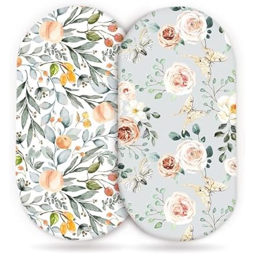 Stretchy Ultra Soft Fitted Bassinet Sheet Set 2 Pack for Girls Universal Fit for Baby Cradle Moses Basket Oval Rectangle Mattress, Watercolor Flowers and Fruits