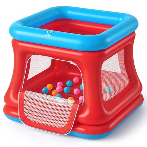 QPAU 3-in-1 Inflatable Bounce House with Pump for Toddlers 1-3 | Ball Pit & Trampoline, Safety Net, Indoor & Outdoor Bubble Bouncer, Blue & Red