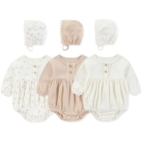 MAMIMAKA Newborn Baby Girl Clothes Cotton Bubble Rompers Infant Outfit Floral Long Sleeve Bodysuit, 3 Pack