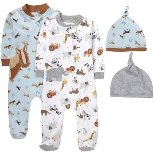 Baby Essentials Baby Boy 4 Piece Outfit Set – Romper Footies Sleep & Play and Hat Set – All Season Baby Clothes Gift Set