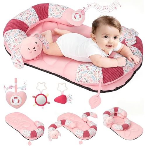 2-in-1 Tummy Time Mat & Seated Support Pillow with 5 Sensory Toys, Baby Floor Seat for Tummy Time & Early Sitting Support, Musical Stuffed Toys, Essentials Development Gifts for Newborn Babies