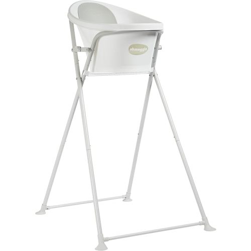 Shnuggle Baby Bath with Folding Bath Stand Bundle, Newborn Infant Bathtub with Bum Bump Support, Soft Foam Backrest and Drain Plug, Elevated 2-Piece Set, White with Grey