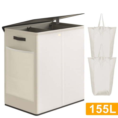 BGTREND Double Laundry Hamper with Lid 155L, Twin Compartments, Removable Bags, Side Mesh Pocket, Beige