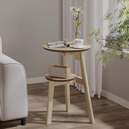 ChooChoo Round End Table for Small Spaces, Narrow Side Table, Accent Table Night Stand with 2 Tier Shelf for Bedroom and Living Room, Natural