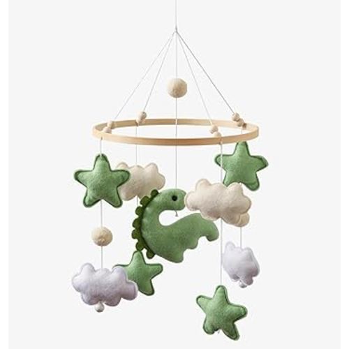 Moyii Baby Crib Mobile for Nursery - Handmade Felt Dinosaur Hanging Mobile - Green Dino Ceiling Decor for Boys Girls - Neutral Boho Jungle - Newborn Baby Shower Gift