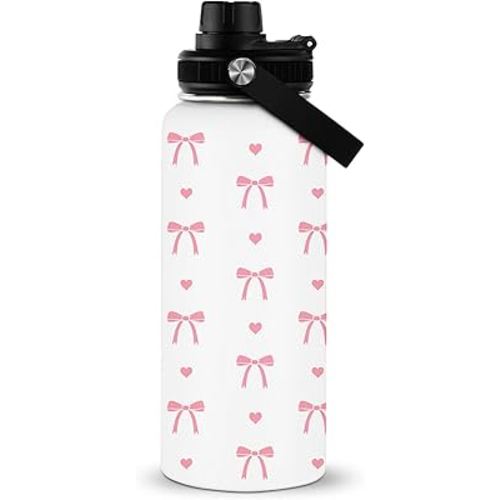 Pink Bow Water Bottle 32 Oz, Stainless Steel Christmas Bow Water Bottle, Pink Bows Insulated Cup, Birthday Christmas Gifts For Women Sister Best Friends, Xmas Insulated Cup
