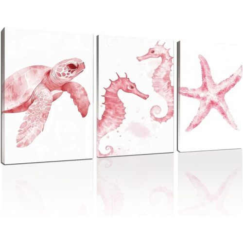 Wivsev Under The Sea Nursery Decor,Real Life Ocean Bathroom Wall Art Prints,Pink Watercolor Preppy Wall Decor for Bathroom,Bedroom,Livingroom (16" x 24" x 3 pcs)