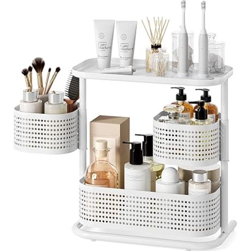 KINGRACK 3-Tier Rotating Bathroom Organizer, Countertop Vanity Tray, Spice Rack Storage, Easy to Assembly Space-Saving Organizer for Bathroom, Kitchen, Laundry Room, White