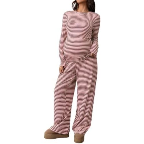 BLENCOT Maternity 2 Piece Outfits Striped Long Sleeve Pregnancy Set