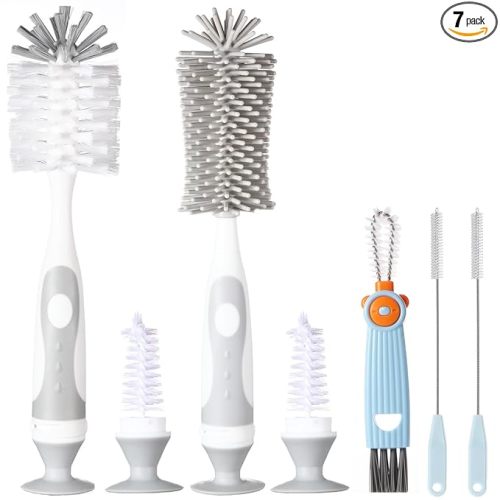 5-in-1 Baby Bottle Cleaner Set, Including Nylon & Silicone Bottle Brush, Cap, Straw & Nipple Brushes, BPA-Free (Grey)