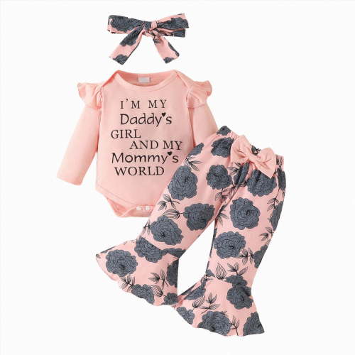 HCNTES Baby Girl Fall Winter Clothes 0 3 6 9 12 18 Months Cute Letter Print I'M MY Daddy‘s GIRL AND MY Mommy’s WORLD Ruffle Romper Top Flower Prints Pants Headband Sets