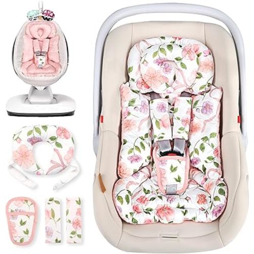 Infant Car Seat Insert with Removable Cushion for Baby Girls, Reversible Newborn Carseat Insert for Baby Head Body Support, Fits for Stroller, Baby Swing, Bouncer (Pink Bow)