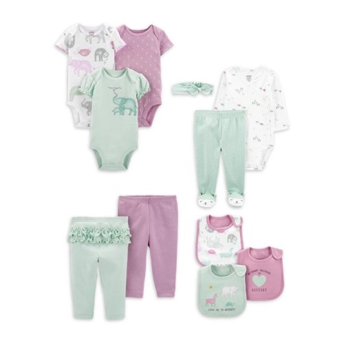 Carter's Child of Mine Baby Girls Short Sleeve Bodysuits, Pants, Dress Set with Headband, & Bibs, 11-Piece, Preemie-9 Months