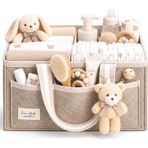 PeraBella Baby Diaper Caddy Organizer, Baby Basket Shower Gift Caddy, Portable Felt Changing Table Basket, Nursery Storage Bin, Newborn Boy and Girl Essentials for Registry, Car Diaper Organizer