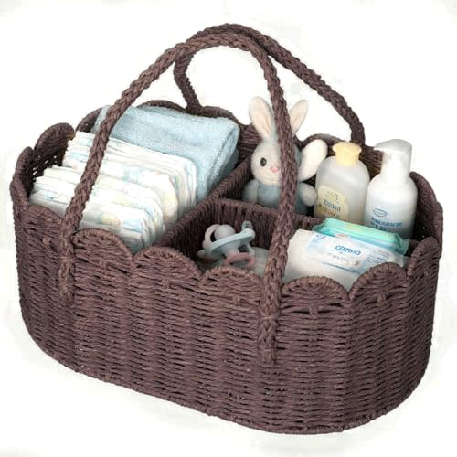 Diaper Caddy Organizer, Paper Rope Storage Baskets Nursery Bin with Removable Divider, Portable Car Organizer for Diapers, Baby Shower Gifts, Newborn Essentials Must Haves (Dark Brown)
