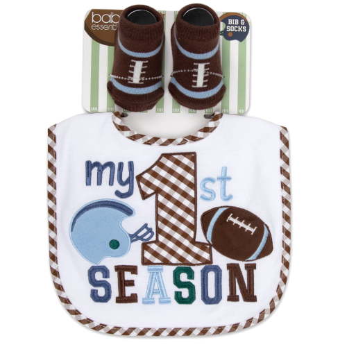 Baby Essentials Baby Bib & Bootie Sock Set – Football Outfit Gift for Newborns & Infants (Brown My 1st Season, 0-12 months)
