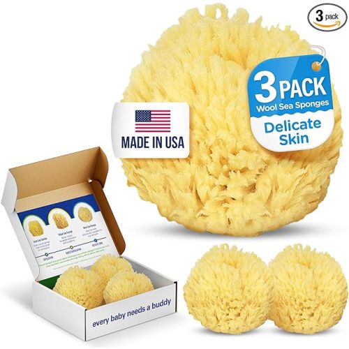 Baby Buddy Natural Bath Sponge, Ultra-Soft Sea Wool, Gentle on Baby's Skin, Hypoallergenic, Biodegradable, 3-Pack, 4in for Baby & Infant Bath Time
