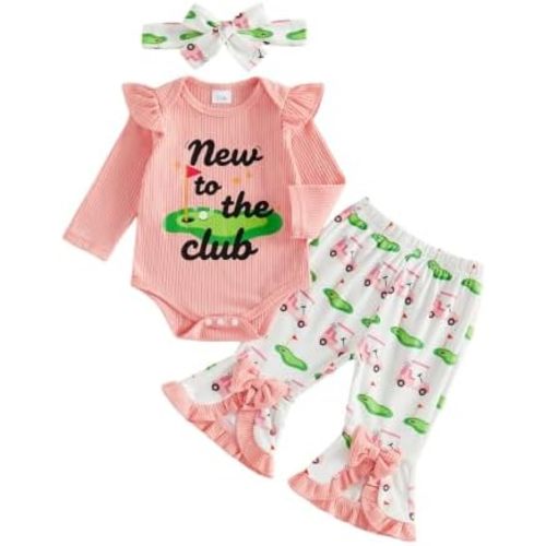 Suolongsama Baby Girl Golf Outfit Letter Print Romper Flare Pants Headband