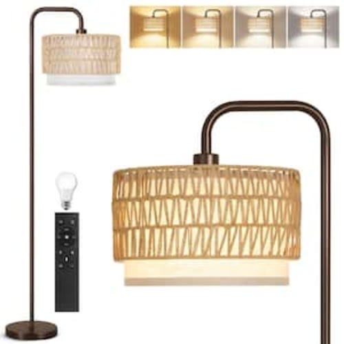 68 in. Brown 1-Light Dimmable Standard Floor Lamp with Color Temperature and Woven Rattan Linen Shade for Living Room