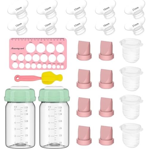 26pcs M6 Breast Pump Replacement Parts Kit for Momcozy M6 Wearable Breast Pump, Including 8 Duckbill Valves, 4 Diaphragms, 10pcs Flange Inserts, 2 6oz Storage Bottles,1 Sizing Ruler, 1 Cleaning Brush