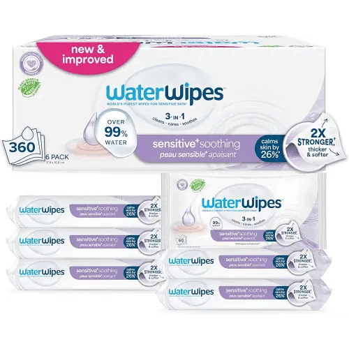 WaterWipes Sensitive+ Soothing Wipes, 3-In-1 Cleans, Cares, Soothes, 99% Water with Botanical Extract, Unscented & Hypoallergenic Baby Wipes, 360 Count (6 Packs)