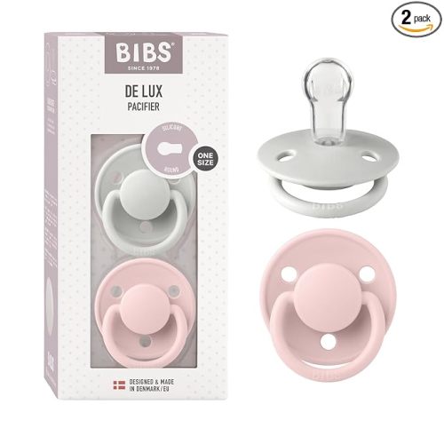 BIBS Pacifiers - De Lux Collection | BPA-Free Round Nipple | Silicone | Made in Denmark | Set of 2 Blossom/Haze Color Premium Soothers | Size One Size