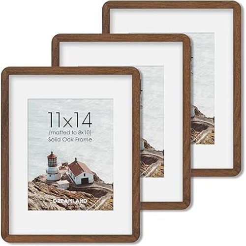 Dreamland 11x14 Picture Frame with Mat for 8x10, USA-Sourced Natural Oak Wood Photo Frames with Resistant Plexiglass, 11 x 14 Handcrafted Round Corner Gallery Wall Frames for Art, Walnut (3Pack)