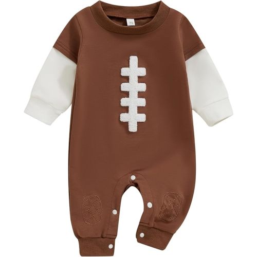 Newborn Baby Boy Football Outfit Long Sleeve Football Embroidery Romper One Piece Bodysuit Jumpsuit 0-18M