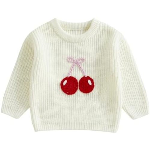 Toddler Baby Girl Embroidery Cherry Sweaters Crew Neck Jumpers Spring Casual Long Sleeve Knitted Pullover Tops
