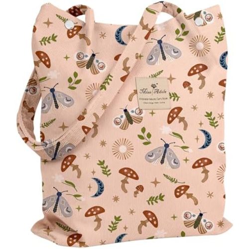 Miss Adola Corduroy Tote Bag for Women - Reusable Totes with Pocket & Buckle Cute Aesthetic Shoulder Bag for Work Travel