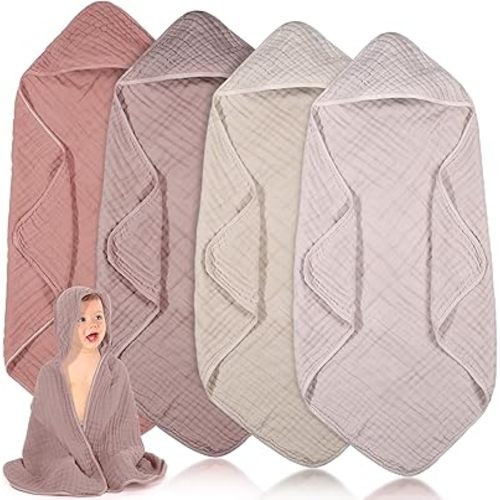 Peryiter 4 Pcs Muslin Hooded Baby Towels,32"x 32" Cotton Newborn Bath Towel Muslin Infant Baby Blankets Absorbent Unisex Newborn Registry Gift for Girls Boys (Beige Series)