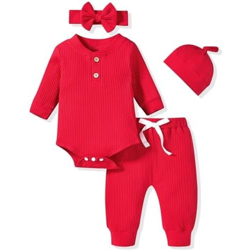 Aalizzwell Gender Neutral Long Sleeve Baby Ribbed Outfit with Hat & Headband